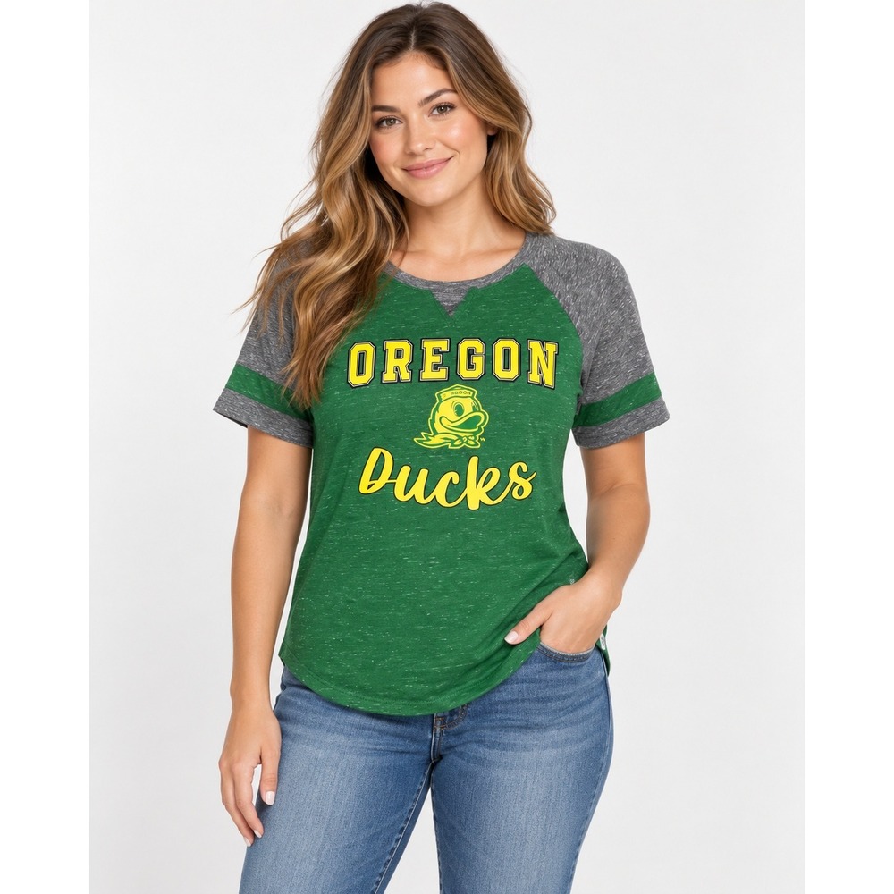 Colosseum Oregon Ducks Womens L Green Grey Raglan V-Neck T-Shirt NCAA Heathered